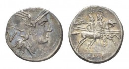 Quinarius, circa uncertain mint after 211, AR 15mm., 2.08g. Helmeted head of Roma r.; behind, V. Rev. Dioscuri galloping r.; in exergue, ROMA. Sydenha...