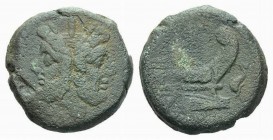 Dolphin (first) series As circa Sicily 209-208, Æ 34mm., 41.47g. Laureate head of Janus; above, mark of value. Rev. Prow r.; above, mark of value and ...