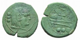 ROMA in monogram series Quadrans circa South East Italy circa 211-210, Æ 23.5mm., 8.06g. Head of Hercules r., wearing lion’s skin; behind, three pelle...