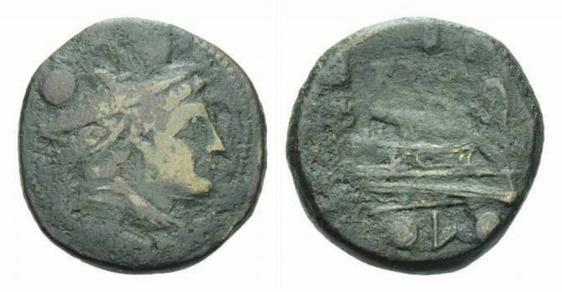 Sextans circa Luceria circa 214-212, Æ 20mm., 6.37g. Head of Mercury r.; above, ...