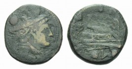 Sextans circa Luceria circa 214-212, Æ 20mm., 6.37g. Head of Mercury r.; above, two pellets. Rev. ROMA Prow r.; below, L between two pellets. Crawford...
