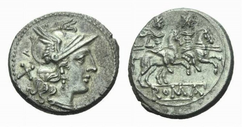 Rudder series. Denarius circa 206-195, AR 19.5mm., 4.25g. Helmeted head of Roma ...