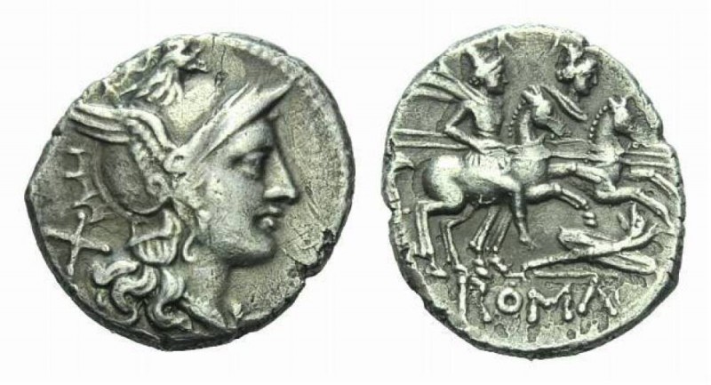 Denarius circa uncertain mint circa 206-200, AR 18.5mm., 3.77g. Helmeted head of...