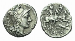 Denarius circa uncertain mint circa 206-200, AR 18.5mm., 3.77g. Helmeted head of Roma r.; behind, X. Rev. The Dioscuri galloping r.; below horses, shi...
