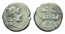 Cn. Calpurnius Denarius circa 189-180, AR 18.5mm., 4.56g. Helmeted head of Roma right, behind, X. Rev. The Dioscuri galloping right; below, CN·CALP li...