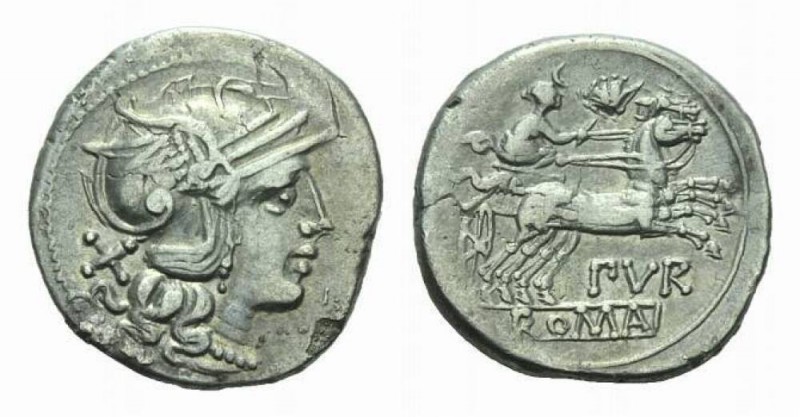 Furius Purpurio Denarius circa 169-158, AR 18mm., 3.17g. Helmeted head of Roma r...