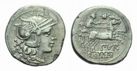 Furius Purpurio Denarius circa 169-158, AR 18mm., 3.17g. Helmeted head of Roma right; behind, X. Rev. Luna in biga right; above, murex-shell and below...