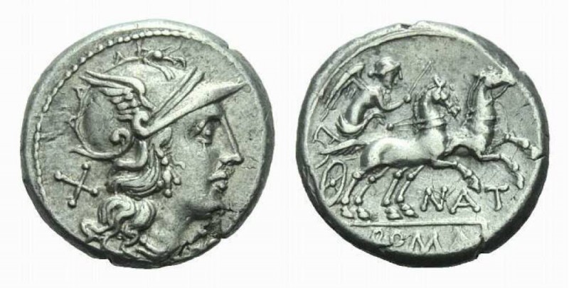 Pinarius Natta. Denarius circa 155, AR 18mm., 3.92g. Helmeted head of Roma r.; b...