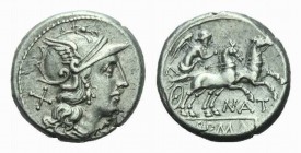 Pinarius Natta. Denarius circa 155, AR 18mm., 3.92g. Helmeted head of Roma r.; behind, X. Rev. Victory in prancing biga r.; below, NAT and ROMA in tab...