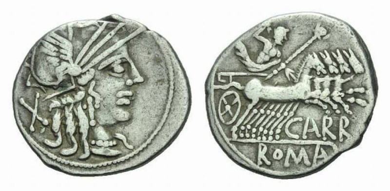 Cn. Papirius Carbo Denarius circa 121, AR 20mm., 3.71g. Helmeted head of Roma r....