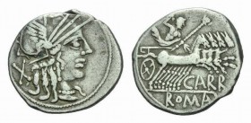 Cn. Papirius Carbo Denarius circa 121, AR 20mm., 3.71g. Helmeted head of Roma r.; behind, X. Rev. Jupiter in prancing quadriga r., holding sceptre and...