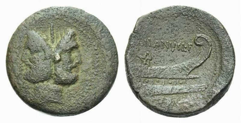 D. Iunius Silanus L.f. As circa 91, Æ 28mm., 15.49g. Laureate head of Janus; abo...