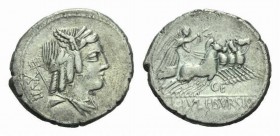 L. Julius Bursio. Denarius circa 85, AR 21mm., 3.99g. Male head r., with the attributes of Apollo, Mercury and Neptune; behind, grasshopper. Rev. Vict...
