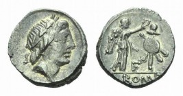 P. Vettius Sabinus. Quinarius circa uncertain mint 81, AR 14mm., 1.92g. Laureate head of Apollo r. Rev. Victory standing r., crowning trophy; in betwe...