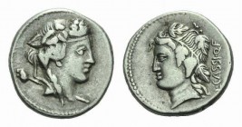 L. Cassius Q.f. Longinus. Denarius circa 78, AR 18mm., 3.83g. Head of Liber r., wearing ivy wreath with thyrsus over shoulder. Rev. L·CASSI·Q·F Head o...