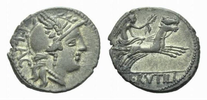 Denarius circa 77, AR 19mm., 3.60g. FLAC Helmeted head of Roma right. Rev. Victo...