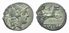 Denarius circa 77, AR 19mm., 3.60g. FLAC Helmeted head of Roma right. Rev. Victory in biga right, holding reins and wreath; in exergue, L·RVTILI. Babe...