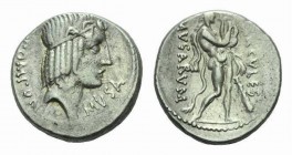 Q. Pomponius Musa. Denarius circa 66, AR 17.5mm., 4.08g. Laureate head of Apollo right; behind, scroll. Rev. HERCVLES – MVSARVM Hercules standing righ...