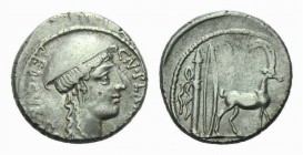 Cn. Plancius. Denarius circa 55, AR 18mm., 4.13g. CN·PLANCIVS – AED·CVR·S·C Female head r., wearing causia. Rev. Cretan goat r.; behind, bow and quive...