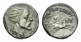 L. Hostilius Saserna. Denarius circa 48, AR 17.5mm., 3.89g. Denarius 48, AR 3.79 g. Bearded male head r.; behind, Gallic shield. Rev. L·HOSTILIVS Nake...