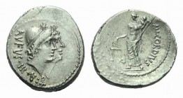 Mn. Cordius Rufus. Denarius circa 46, AR 18mm., 3.95g. ugate heads of Dioscuri r., wearing laureate pileii. Rev. Venus standing l., holding scales and...