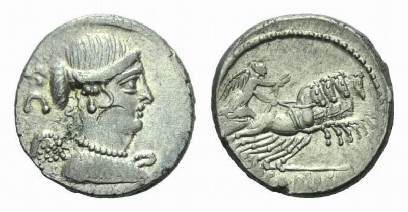 T. Carisius. Denarius circa 46, AR 18mm., 3.69g. Draped bust of Victory r.; behi...