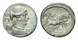 T. Carisius. Denarius circa 46, AR 18mm., 3.69g. Draped bust of Victory r.; behind, S·C. Rev. Victory in prancing quadriga r., holding reins and wreat...