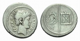 Marcus Arrius Secundus. Denarius circa 41, AR 19mm., 3.89g. Denarius 41, AR 3.89 g. M·ARRIVS – SECVNDVS Bearded male head r. Rev. Wreath, hasta pura a...