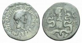 Marcus Antonius Cistophoric Tetradrachm circa Ephesus (?) 39, AR 25.5mm., 11.60g. M·ANTONIVS·IMP·COS· DESIG·ITER ET TERT Ivy-wreathed head r.; below, ...
