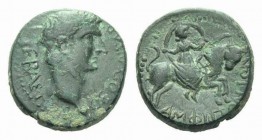 Divus Augustus Æ Amphipolis (Macedonia) circa 14, Æ 20.5mm., 7.48g. Bare head of Divus Augustus right. Rev. Artemis Tauropolos seated on back of bull ...