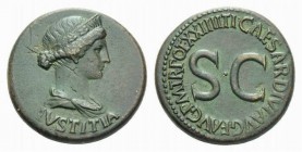 In the name of Livia, wife of Augustus Dupondius circa 21-22, Æ 28mm., 14.55g. IVSTITIA Diademed and draped bust of Iustitia r. Rev. TI CAESAR DIVI AV...