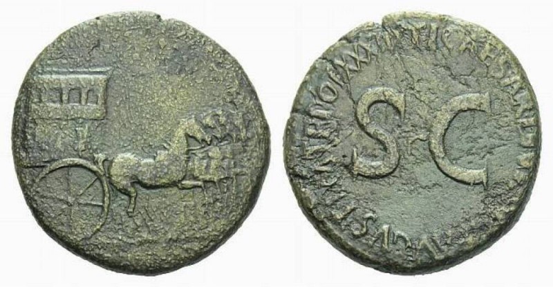 Tiberius, 14-37 Sestertius circa 36-37, Æ 32.5mm., 24.73g. Carpentum driven r. b...