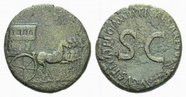 Tiberius, 14-37 Sestertius circa 36-37, Æ 32.5mm., 24.73g. Carpentum driven r. by four horses. Rev. PONTIF MAX TR POT XXXIIX in centre, SC. C 66. RIC ...