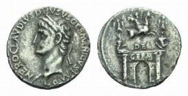 In the name of Nero Claudius Drusus, father of Germanicus and Claudius Denarius circa 41-48, AR 18mm., 2.74g. NERO CLAVDIVS DRVSVS GERMANICVS IMP Laur...
