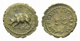 Domitian, 81-96 Quadrans circa 84-85, Æ 17.5mm., 2.13g. Rhinoceros l. Rev. IMP DOMIT AVG GERM around S C. C 676. BMC 498. RIC 250. CBN 539.

Brown t...