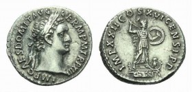 Domitian, 81-96 Denarius circa 92-93, AR 19.5mm., 3.16g. IMP CAES DOMIT AVG GERM P M TR P XII Laureate head right. Rev. IMP XXII COS XVI CENS P P P Mi...