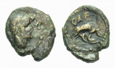 Antoninus Pius, 138-161 Æ Aelia Capitolina (Jerusalem), Æ 14mm., 2.01g. Bare head right. Rev. She-wolf right, suckling the twins Romulus and Remus. RP...