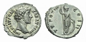 Marcus Aurelius caesar, 139 – 161 Denarius circa 148-149, AR 19mm., 3.62g. AVRELIVS CAE – SAR AVG PII F Bare head r. Rev. TR POT III – COS II Minerva ...