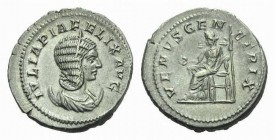 Julia Domna, wife of Septimius Severus Antoninianus circa 211-217, AR 23.5mm., 5.19g. IVLIA PIA – FELIX AVG Diademed and draped bust r.; set on cresce...