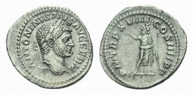Caracalla, 198-217 Denarius circa 216, AR 21mm., 2.74g. ANTONINVS PIVS AVG GERM Laureate head right. Rev. P M TR P XVIIII COS IIII P P Serapis standin...