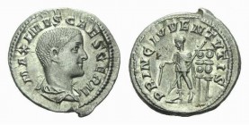 Maximus Caesar, 235-238 Denarius circa 236-238, AR 20mm., 3.32g. MAXIMVS CAES GERM Draped and cuirassed bust r. Rev. PRINC IVVENTVTIS Maximus standing...