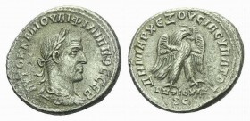 Philip I, 244-249 Tetrdrachm Antioch circa 249, AR 28mm., 12.06g. Laureate, draped and cuirassed bust right. Rev. Eagle standing r. holding wreath in ...
