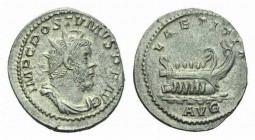 Postumus, 259-268 Antoninianus Treveri circa 261, AR 22mm., 3.57g. IMP C POSTVMVS P F AVG Radiate, draped, and cuirassed bust right. Rev. LAETITIA AVG...