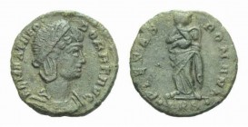 Theodora, wife of Constantius I Æ4 Treveri circa 340, Æ 15.5mm., 1.63g. Draped bust right. Rev. Pietas right, holding child with both arms; in exergue...