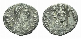 Jovinus, 411-413 Siliqua Lugdunum circa 411-413, AR 15.5mm., 1.55g. D N IOVINVS PF AVG Pearl-diademed, draped, and cuirassed bust right. Rev. Roma sea...