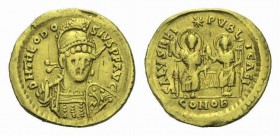 Theodosius II, 402-450 Solidus Constantinople circa 425-429, AV 21mm., 4.19g. D N THEODOSIVS P F AVG Diademed, helmeted and cuirassed bust facing slig...