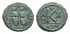 Justin II, 565-578. Half Follis Cyzicus 574-575 (year 10), Æ 20.5mm., 6.23g. Justin and Sophia, both nimbate, enthroned facing; Justin holding globus ...