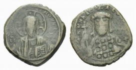 Constantine X, 1059-1067 Follis Constantinople 1059-1067, Æ 25mm., 6.92g. Facing bust of Christ Pantocrator. Rev. Bust of Constantine X facing, holdin...