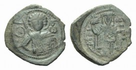 John III Ducas-Vatazes, 1222–1254 , Tetarteron Magnesia 1222-1234, Æ 21mm., 2.56g. Nimbate bust of S. George facing, holding spear. Rev. Half figure o...