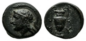 Aeolis, Myrina. 4th century BC. AE (10mm, 1.08g). Helmeted head of Athena left / Amphora between M-Y. SNG München 568; SNG Copenhagen 218-219.